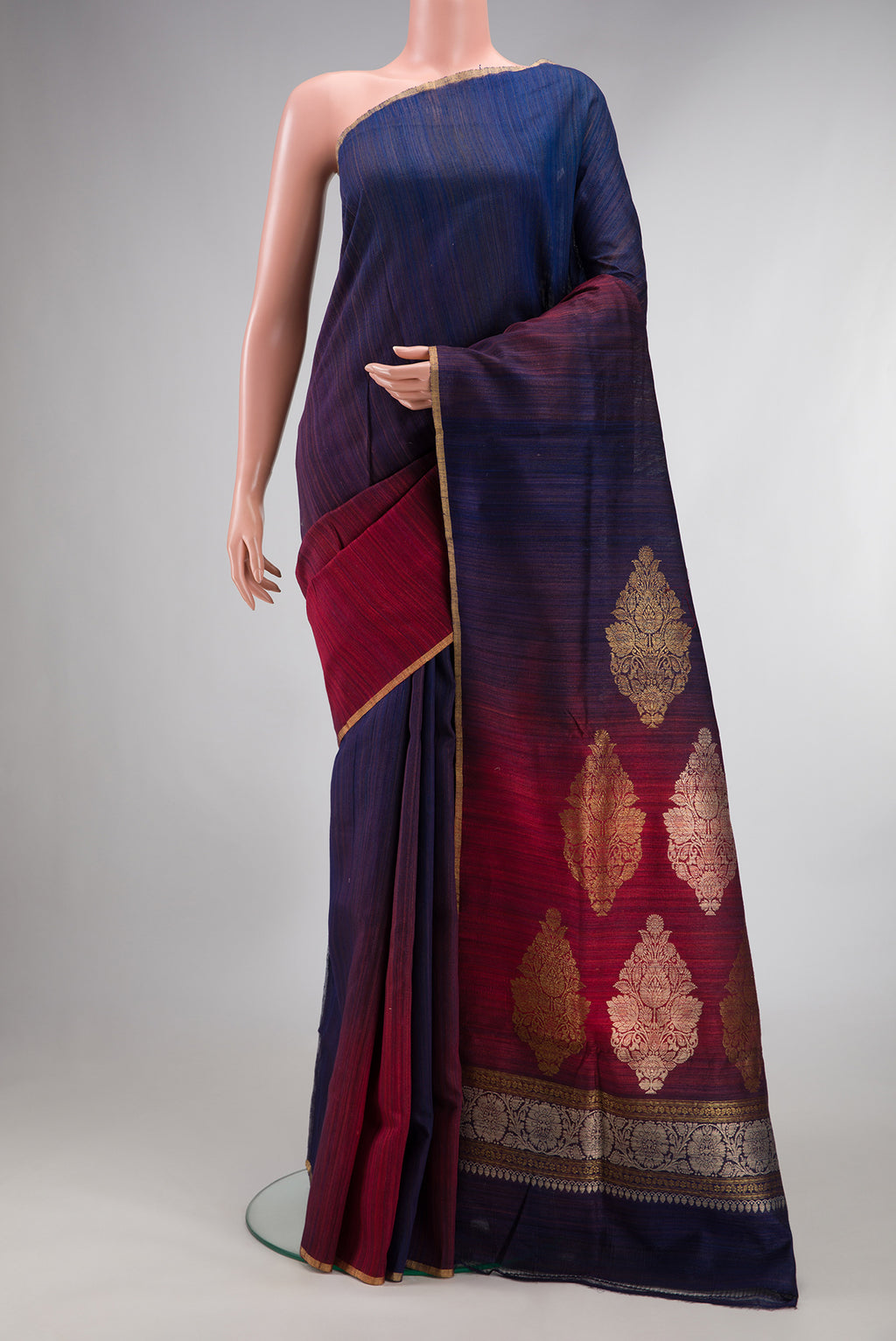 Multi Color Tussar Saree with Ombre design on the body and Thin Zari Line.  displayed on a mannequin