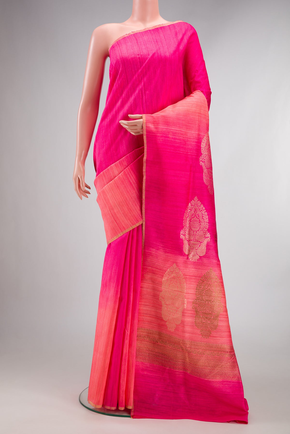 Pure Silk Multi Color Tussar Saree with Ombre design on the body and Thin Zari Line.  displayed on a mannequin