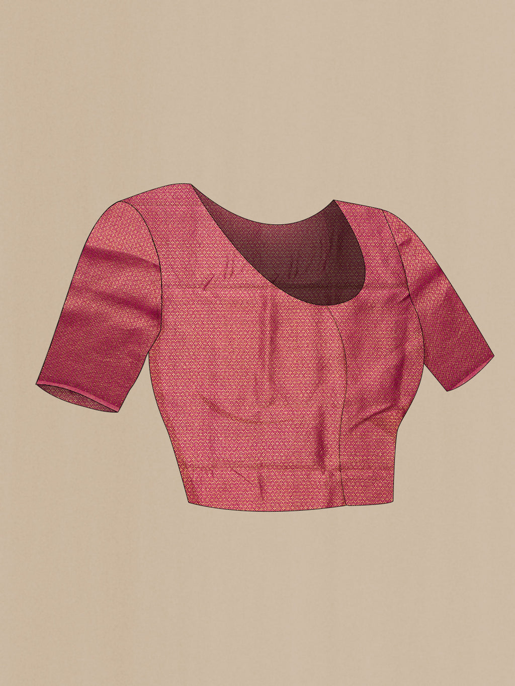 Close up image of the blouse of Pure Silk Pink Tussar Saree with Plain Body and Thin Zari Line. 