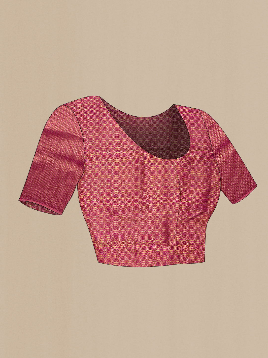 Close up image of the blouse of Pure Silk Pink Tussar Saree with Plain Body and Thin Zari Line. 