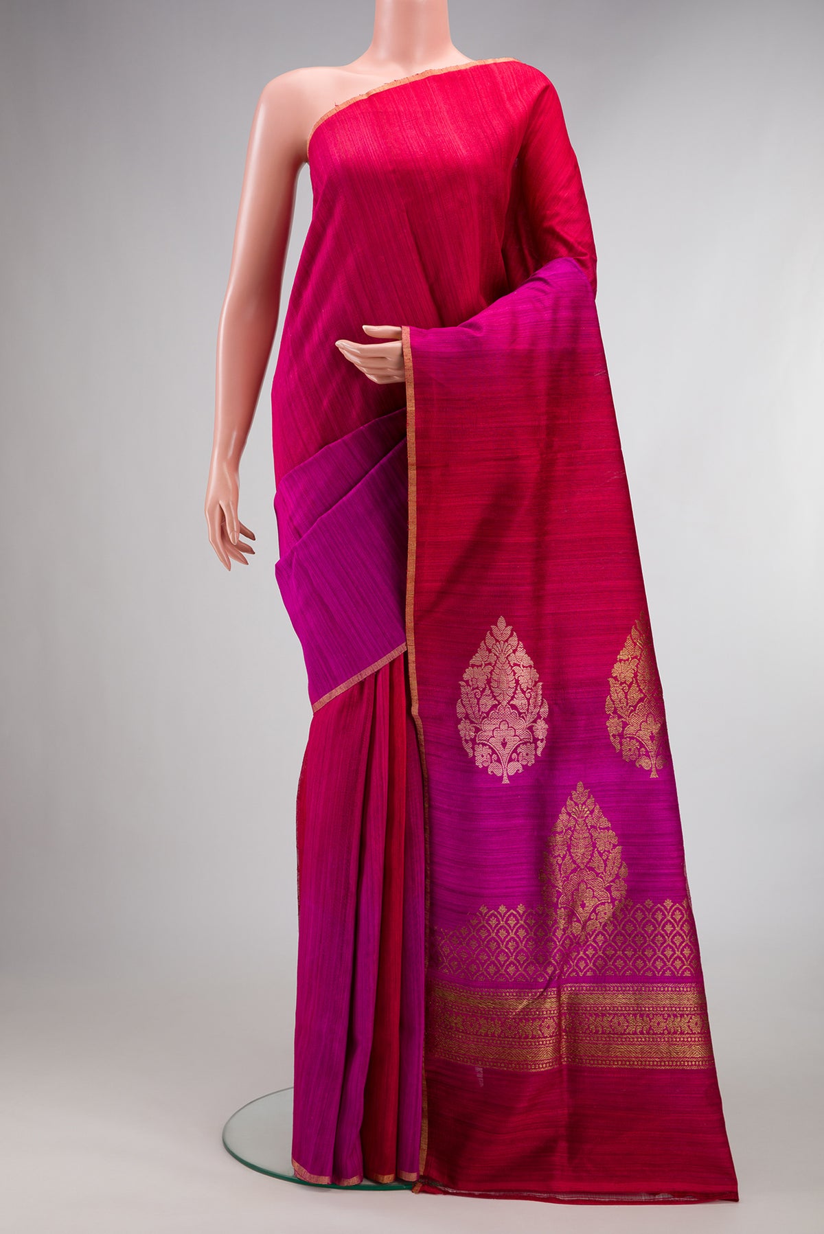 Pure Silk Multi Color Tussar Saree with Ombre design on the body and Thin Zari Line.  displayed on a mannequin