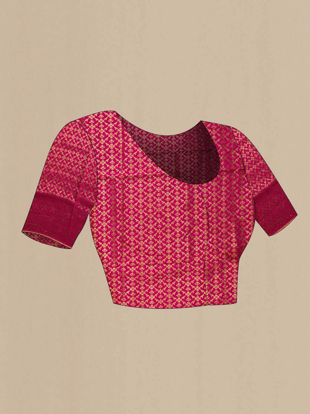 Close up image of the blouse of Pure Silk Dark Pink Dual Tone Tussar Saree with Plain Body and Thin Zari Line. 