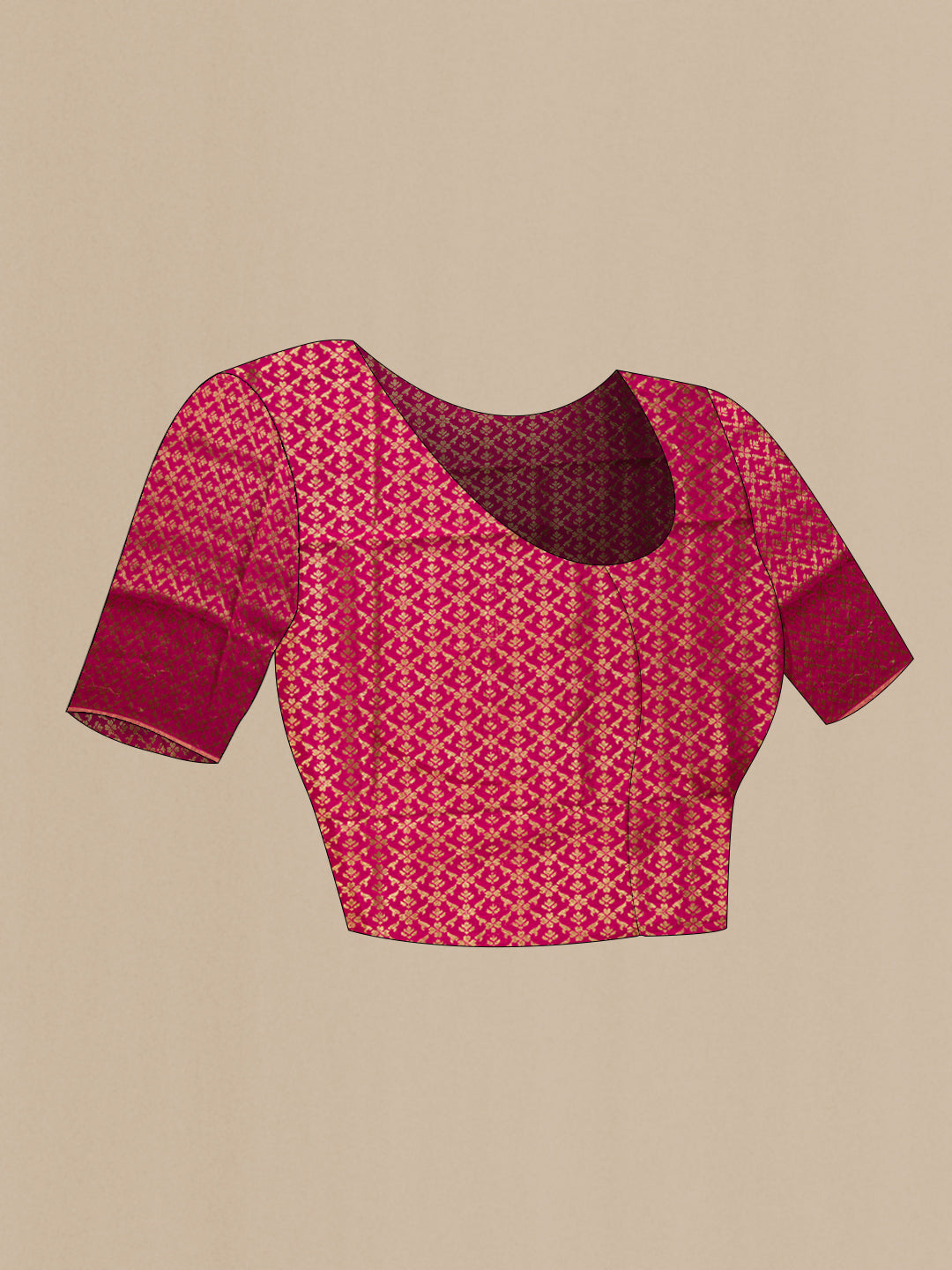 Close up image of the blouse of Pure Silk Dark Pink Dual Tone Tussar Saree with Plain Body and Thin Zari Line. 