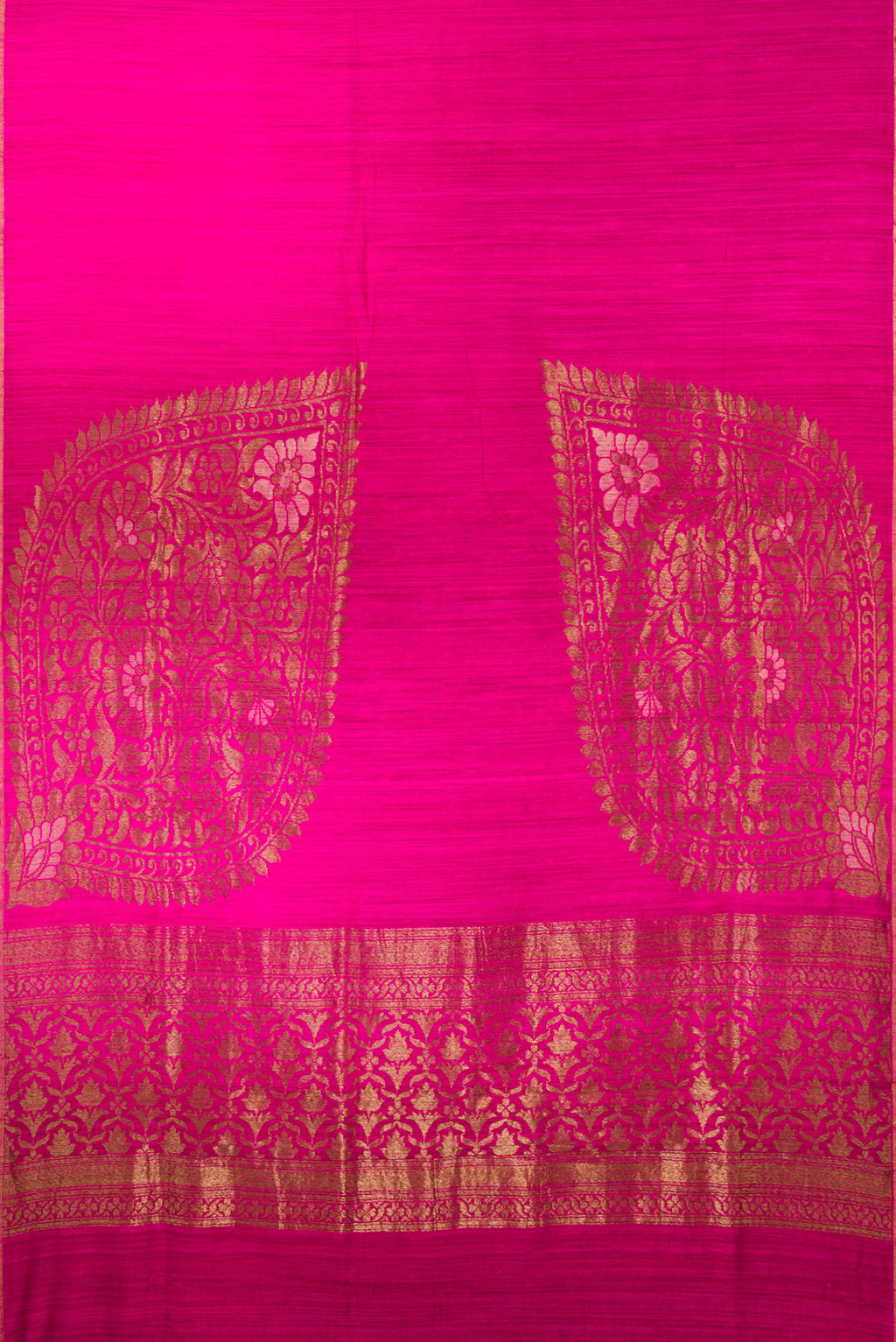Flat view of Pure Silk Dark Pink Dual Tone Tussar Saree with Plain Body and Thin Zari Line. 