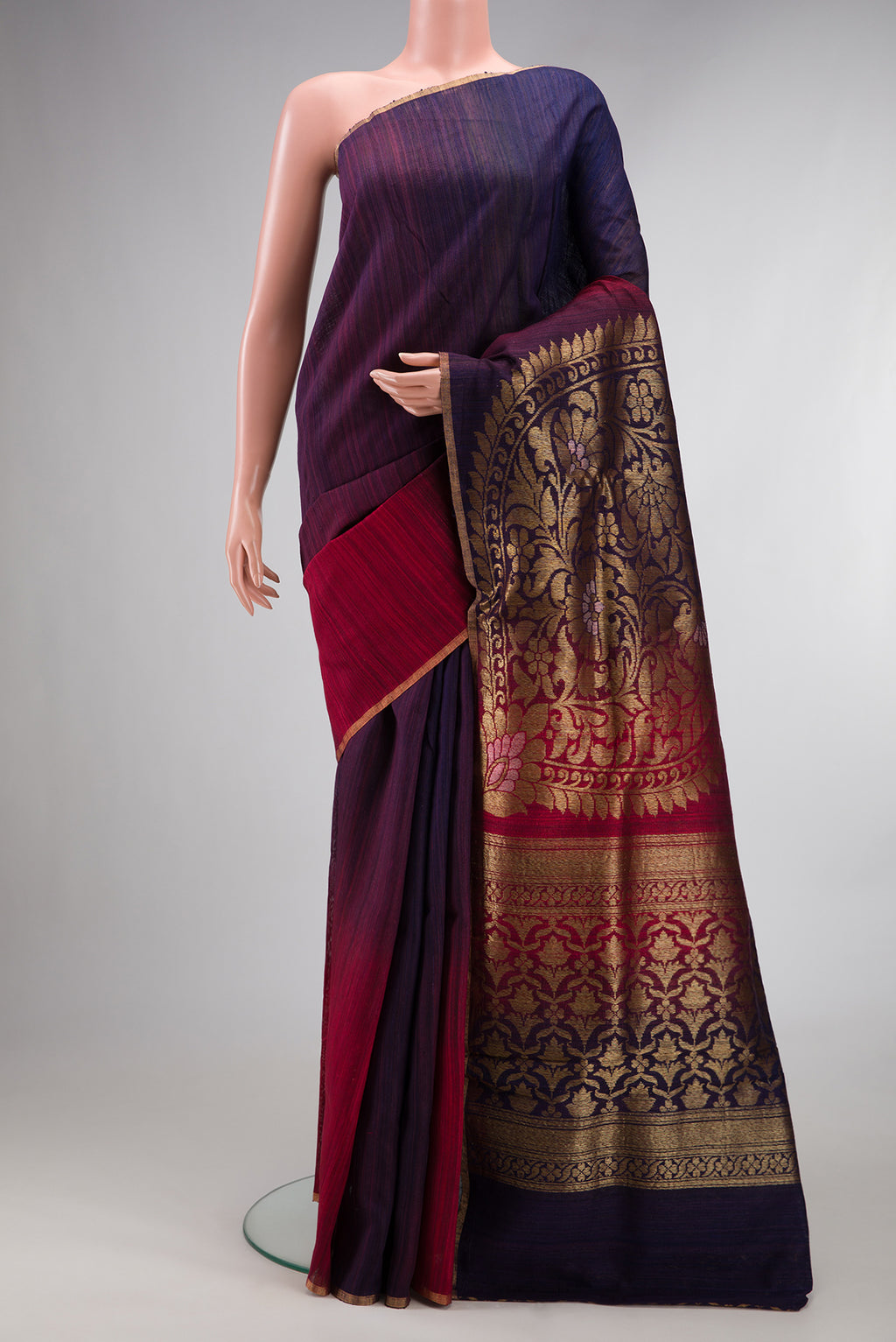 Pure Silk Multi Color Tussar Saree with Ombre design on the body and Thin Zari Line.  displayed on a mannequin