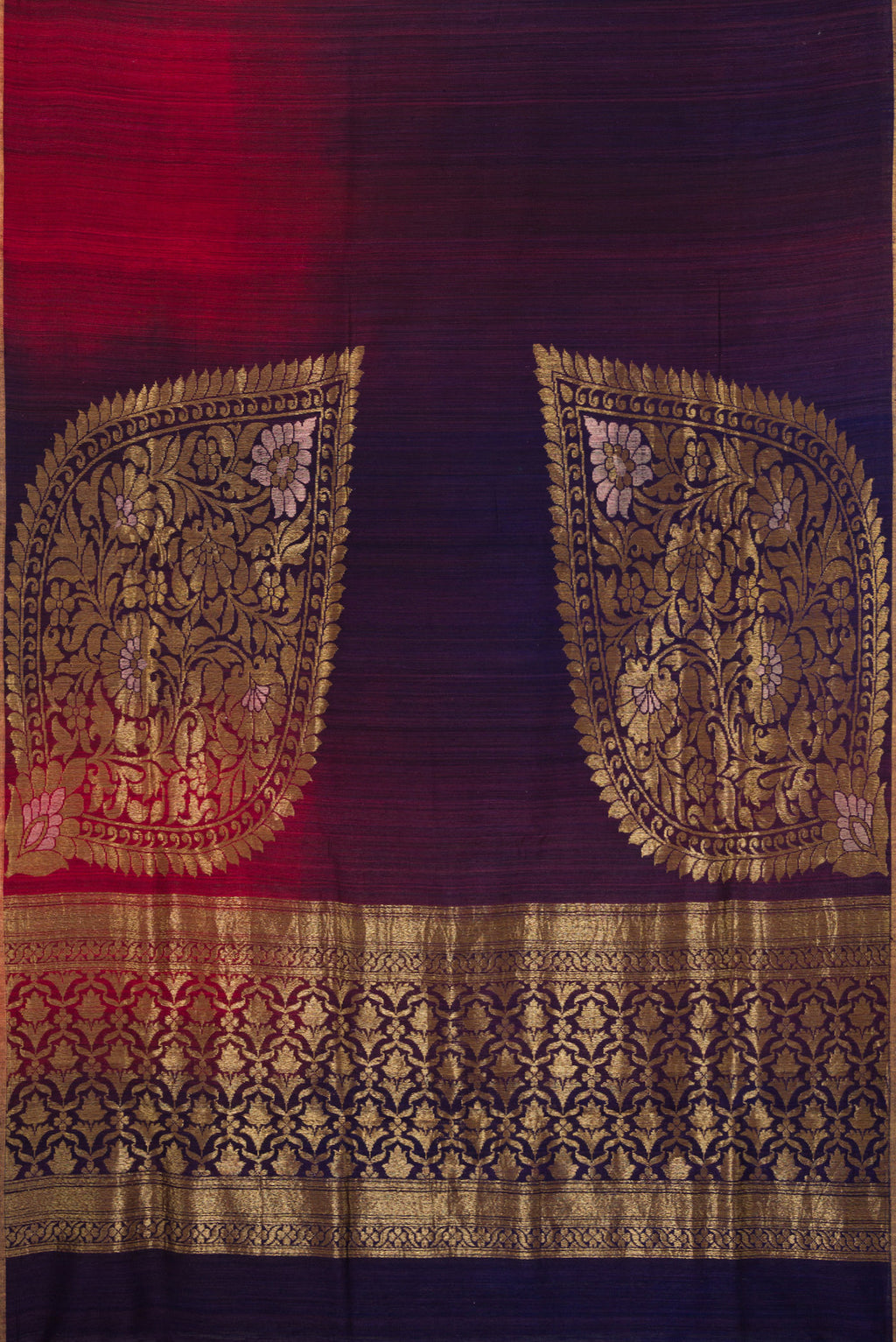 Flat view of Pure Silk Multi Color Tussar Saree with Ombre design on the body and Thin Zari Line. 