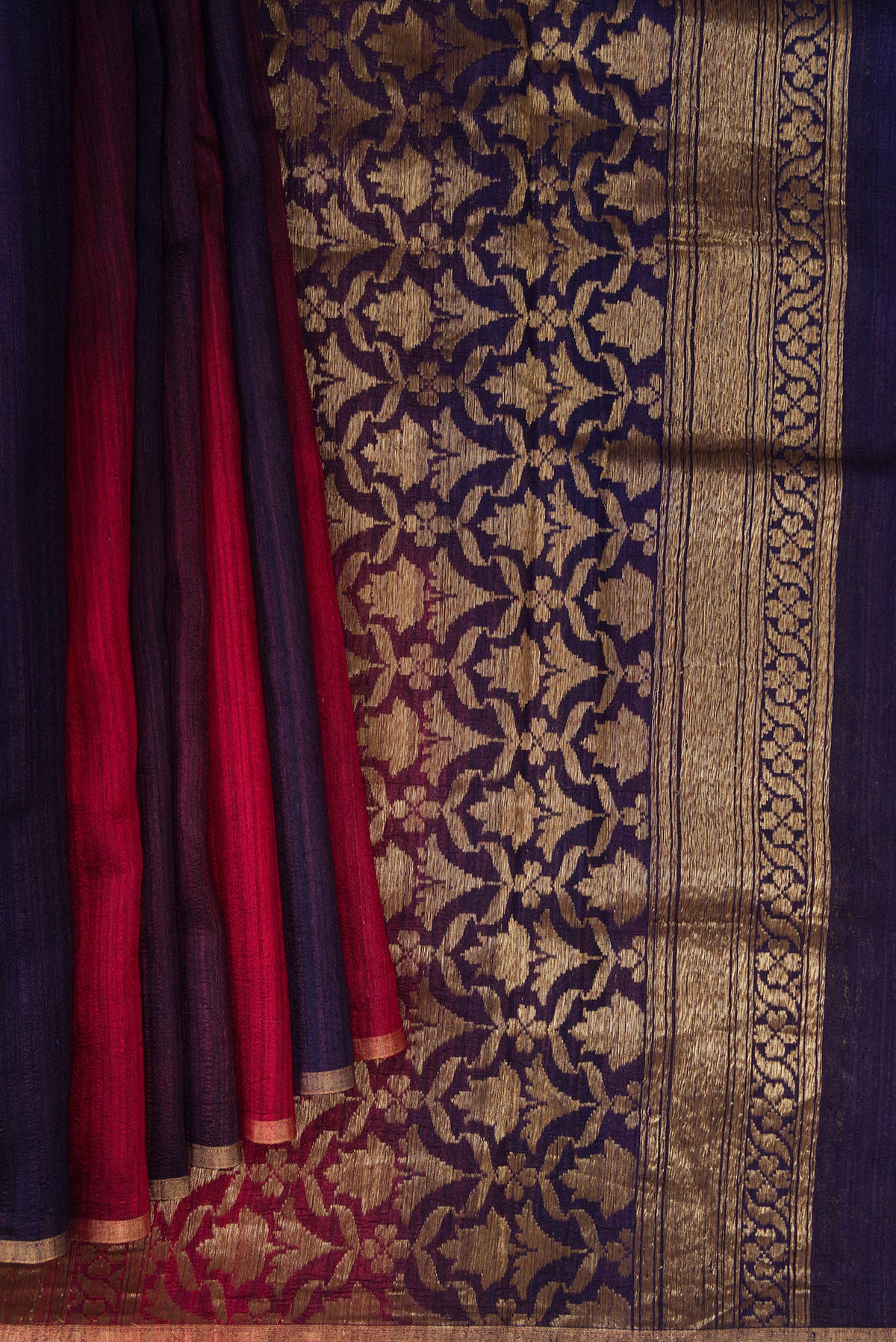 Pleats and pallu of Pure Silk Multi Color Tussar Saree with Ombre design on the body and Thin Zari Line. 