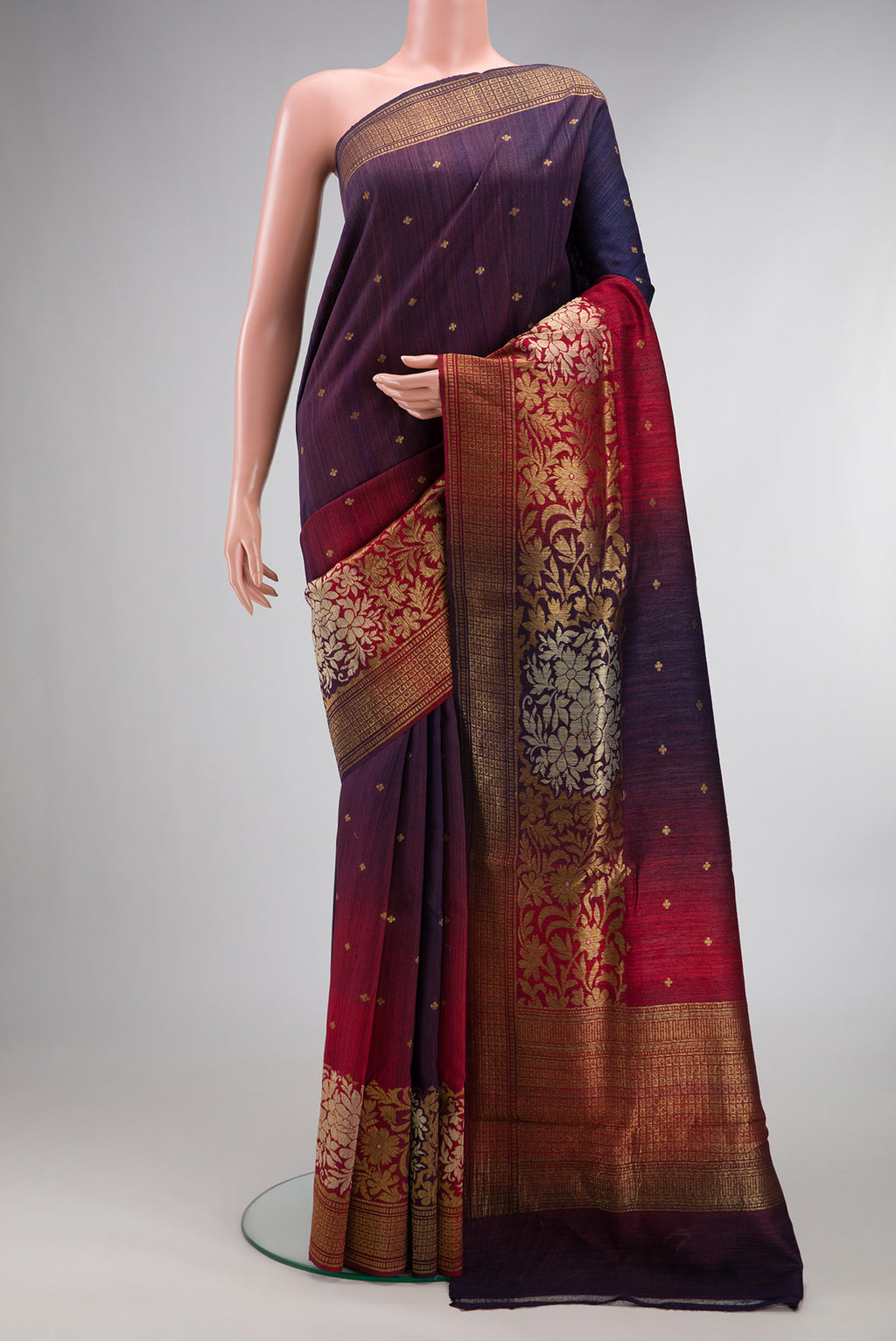 Multi Color Tussar Saree with Ombre design on the body and Fancy Border.  displayed on a mannequin
