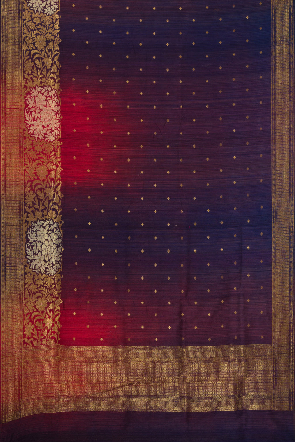 Flat view of Multi Color Tussar Saree with Ombre design on the body and Fancy Border. 