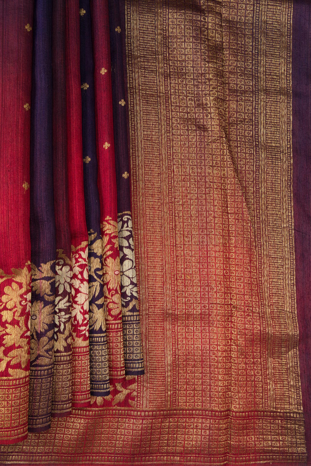 Pleats and pallu of Multi Color Tussar Saree with Ombre design on the body and Fancy Border. 