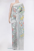 Grey Tussar Silk Saree with Zari Brocade on the body and Fancy Border.  displayed on a mannequin