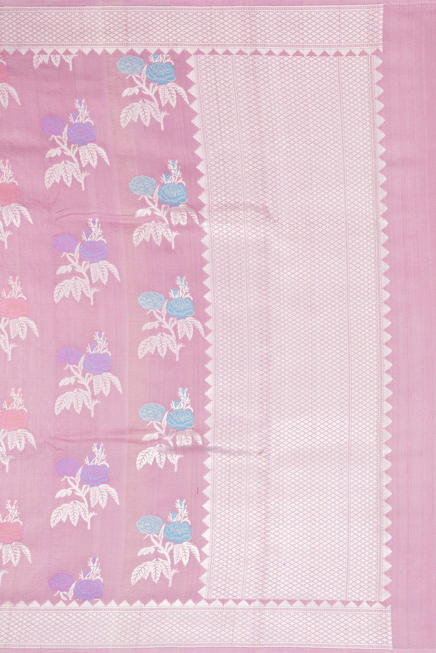 Close up image of the pallu of Pink Tussar Silk Saree with Zari And Thread Butta on the body and Fancy Border. 