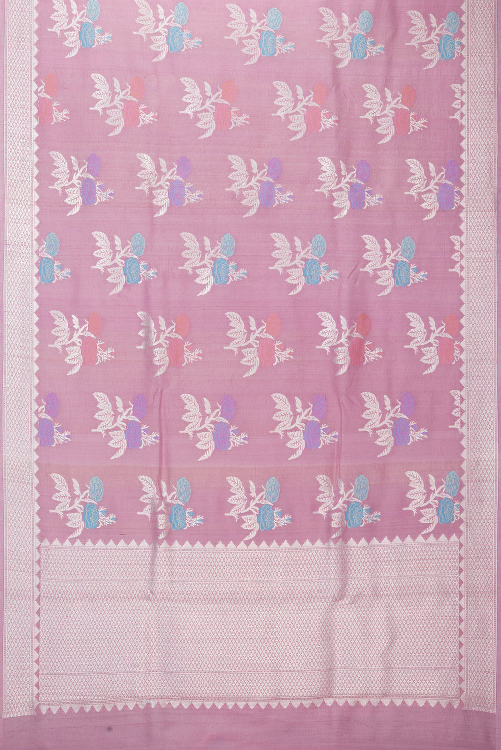 Flat view of Pink Tussar Silk Saree with Zari And Thread Butta on the body and Fancy Border. 