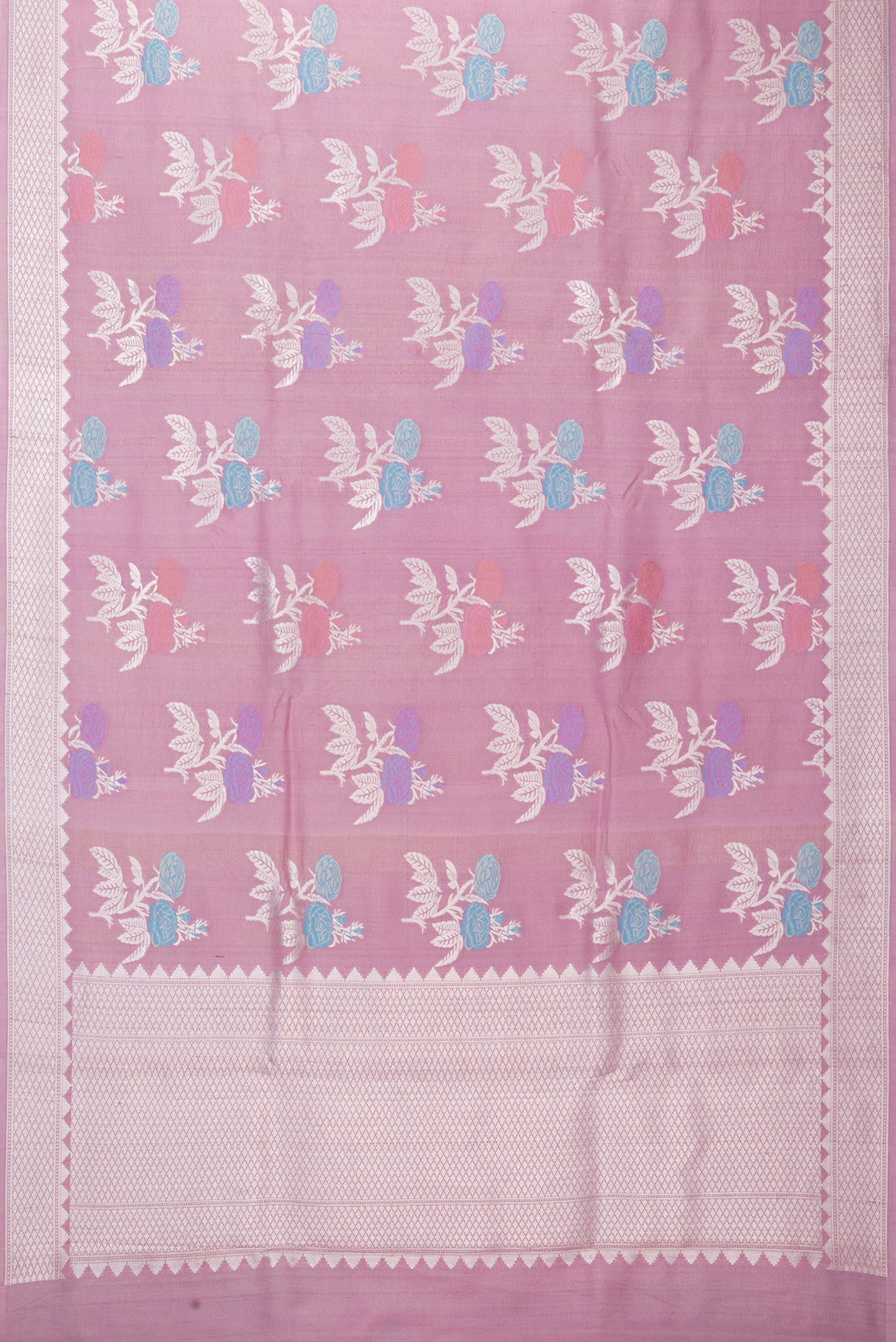 Flat view of Pink Tussar Silk Saree with Zari And Thread Butta on the body and Fancy Border. 