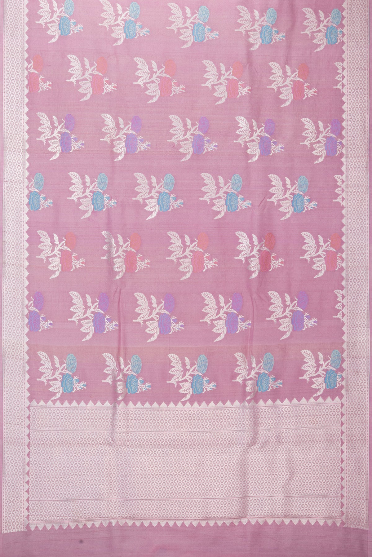 Flat view of Pink Tussar Silk Saree with Zari And Thread Butta on the body and Fancy Border. 