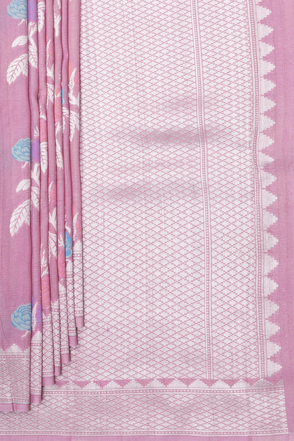 Pleats and pallu of Pink Tussar Silk Saree with Zari And Thread Butta on the body and Fancy Border. 