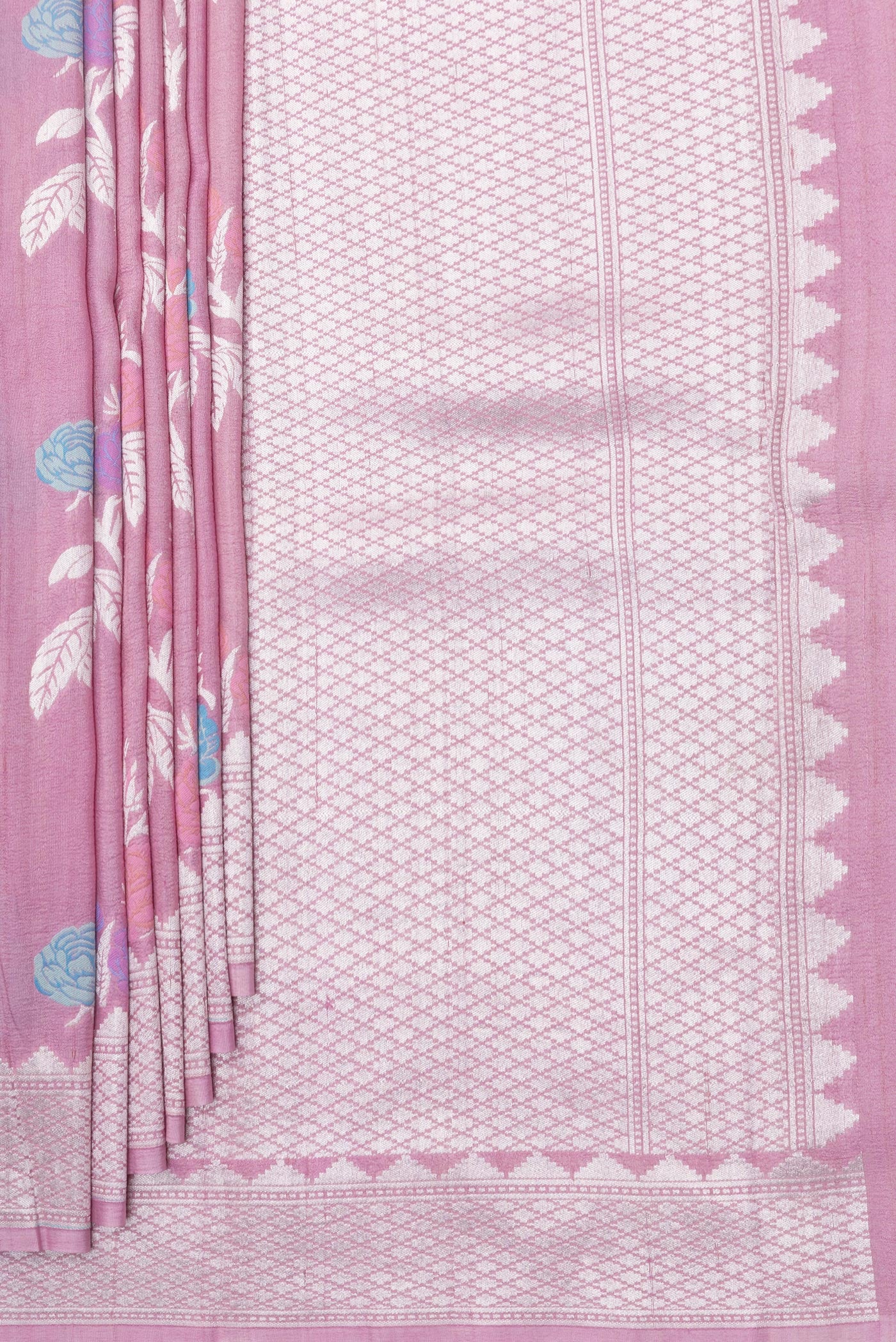 Pleats and pallu of Pink Tussar Silk Saree with Zari And Thread Butta on the body and Fancy Border. 