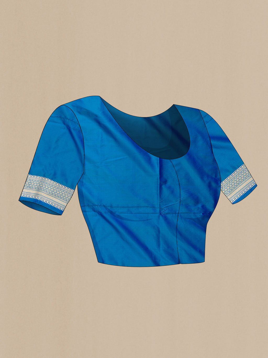 Close up image of the blouse of Pure Silk Royal Blue Dual Tone Banarasi Saree with Zari Brocade on the body and Zari Border. 
