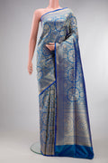 Pure Silk Royal Blue Dual Tone Banarasi Saree with Zari Brocade on the body and Zari Border.  displayed on a mannequin