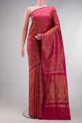 Pure Silk Dark Pink Dual Tone Banarasi Saree with Jacquard design on the body and Thread Border.  displayed on a mannequin