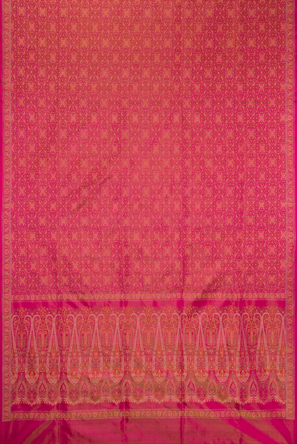 Flat view of Pure Silk Dark Pink Dual Tone Banarasi Saree with Jacquard design on the body and Thread Border. 