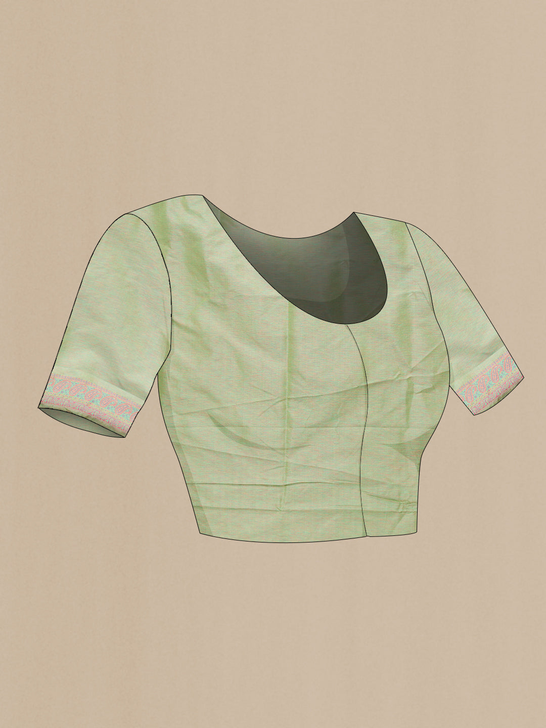 Close up image of the blouse of Pure Silk Pista Green Banarasi Saree with Jacquard design on the body and Thread Border. 