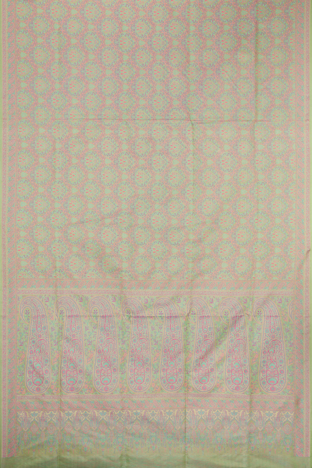 Flat view of Pure Silk Pista Green Banarasi Saree with Jacquard design on the body and Thread Border. 