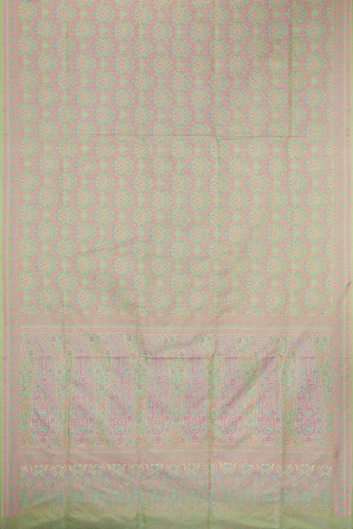 Flat view of Pure Silk Pista Green Banarasi Saree with Jacquard design on the body and Thread Border. 