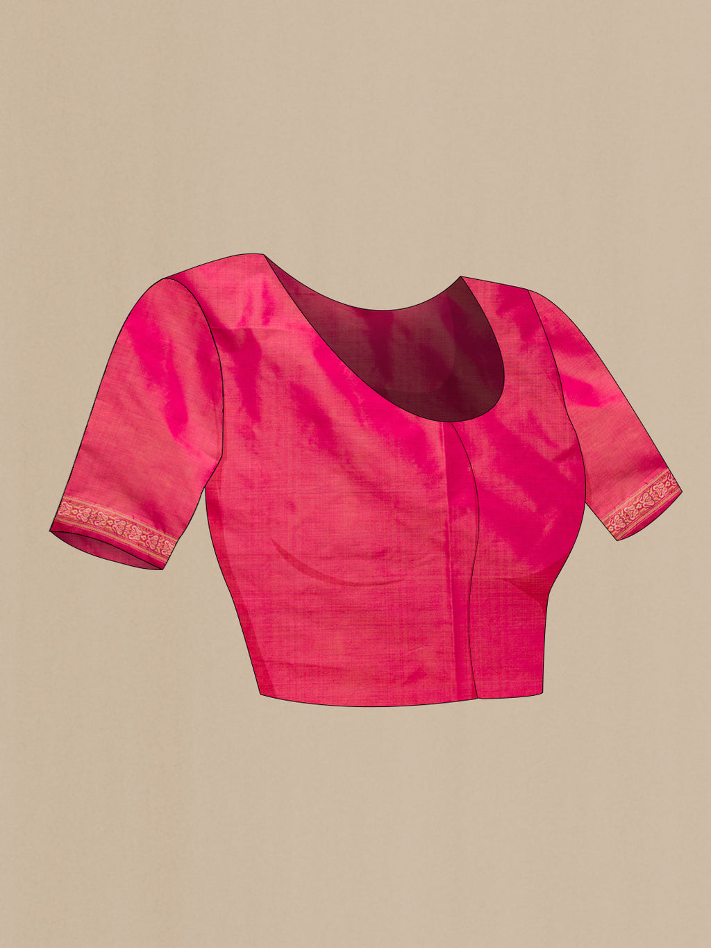 Close up image of the blouse of Pure Silk Dark Pink Dual Tone Banarasi Tanchoi Saree with Jacquard design on the body and Thread Border. 