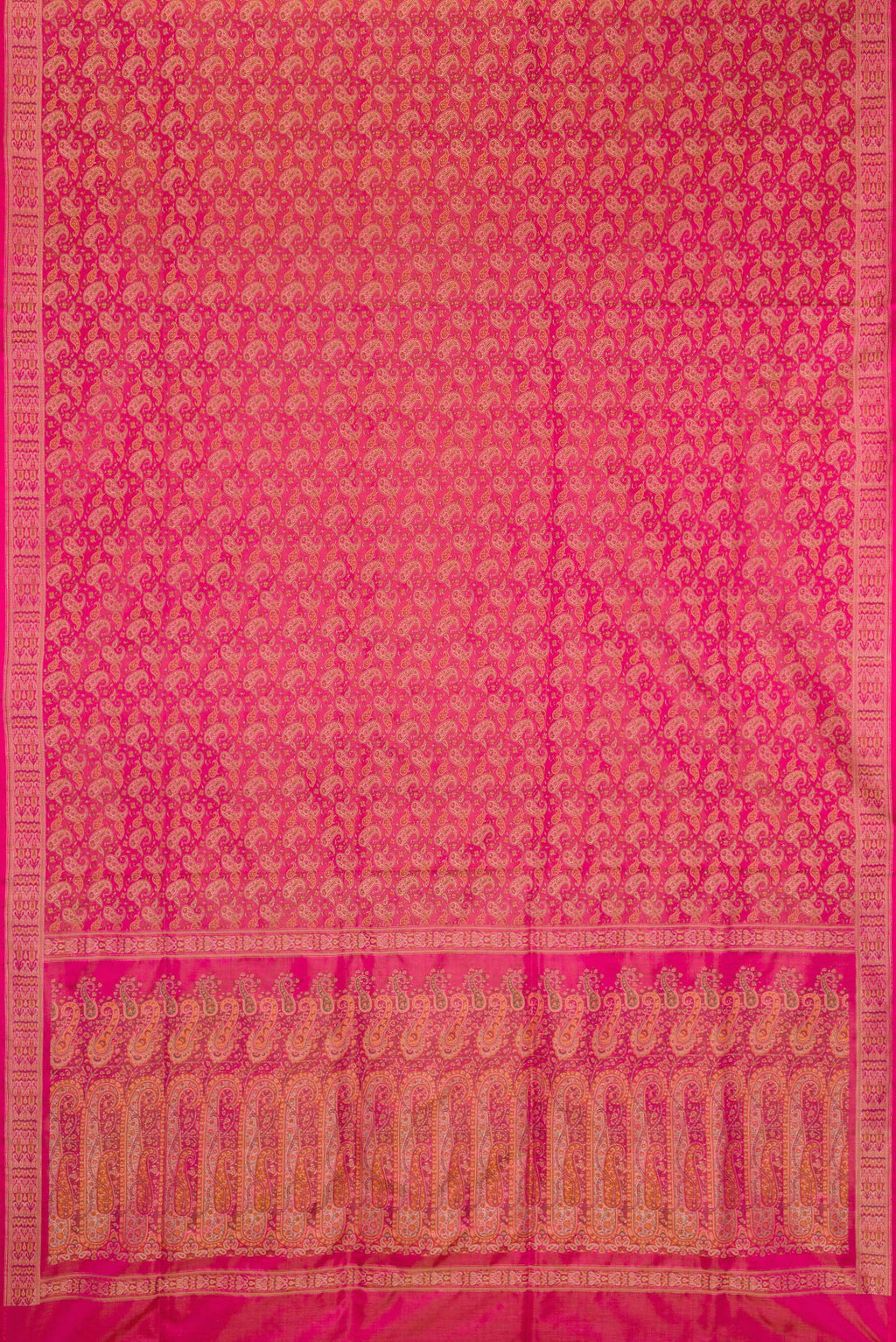 Flat view of Pure Silk Dark Pink Dual Tone Banarasi Tanchoi Saree with Jacquard design on the body and Thread Border. 