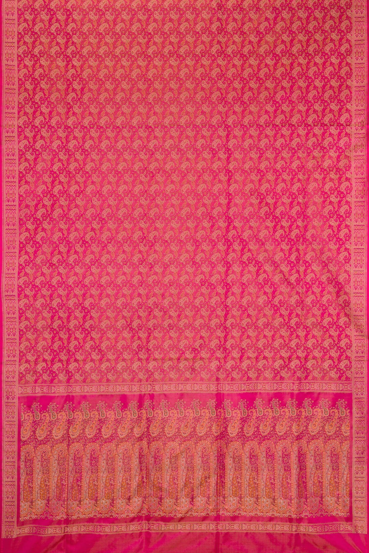 Flat view of Pure Silk Dark Pink Dual Tone Banarasi Tanchoi Saree with Jacquard design on the body and Thread Border. 