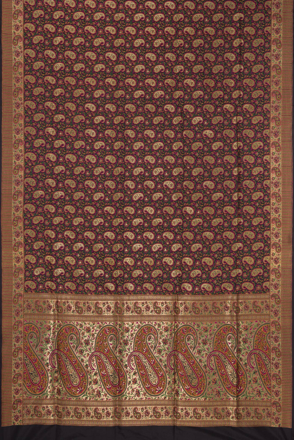 Flat view of Pure Silk Black Banarasi Jamavar Saree with Jacquard design on the body and Thread Border. 