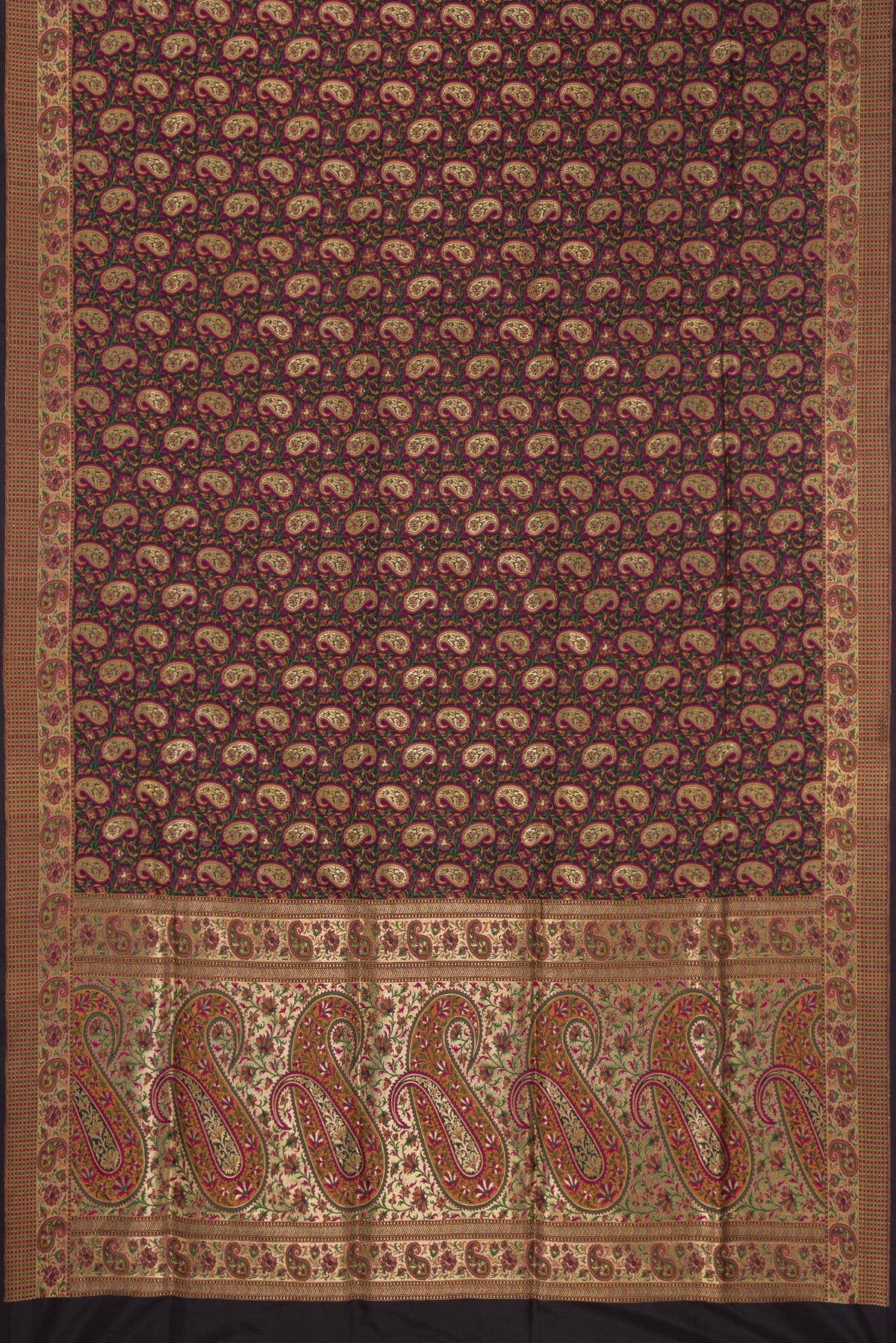 Flat view of Pure Silk Black Banarasi Jamavar Saree with Jacquard design on the body and Thread Border. 