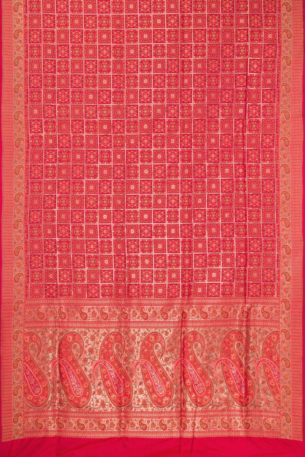 Flat view of Pure Silk Red Banarasi Jamavar Saree with Jacquard design on the body and Fancy Border. 
