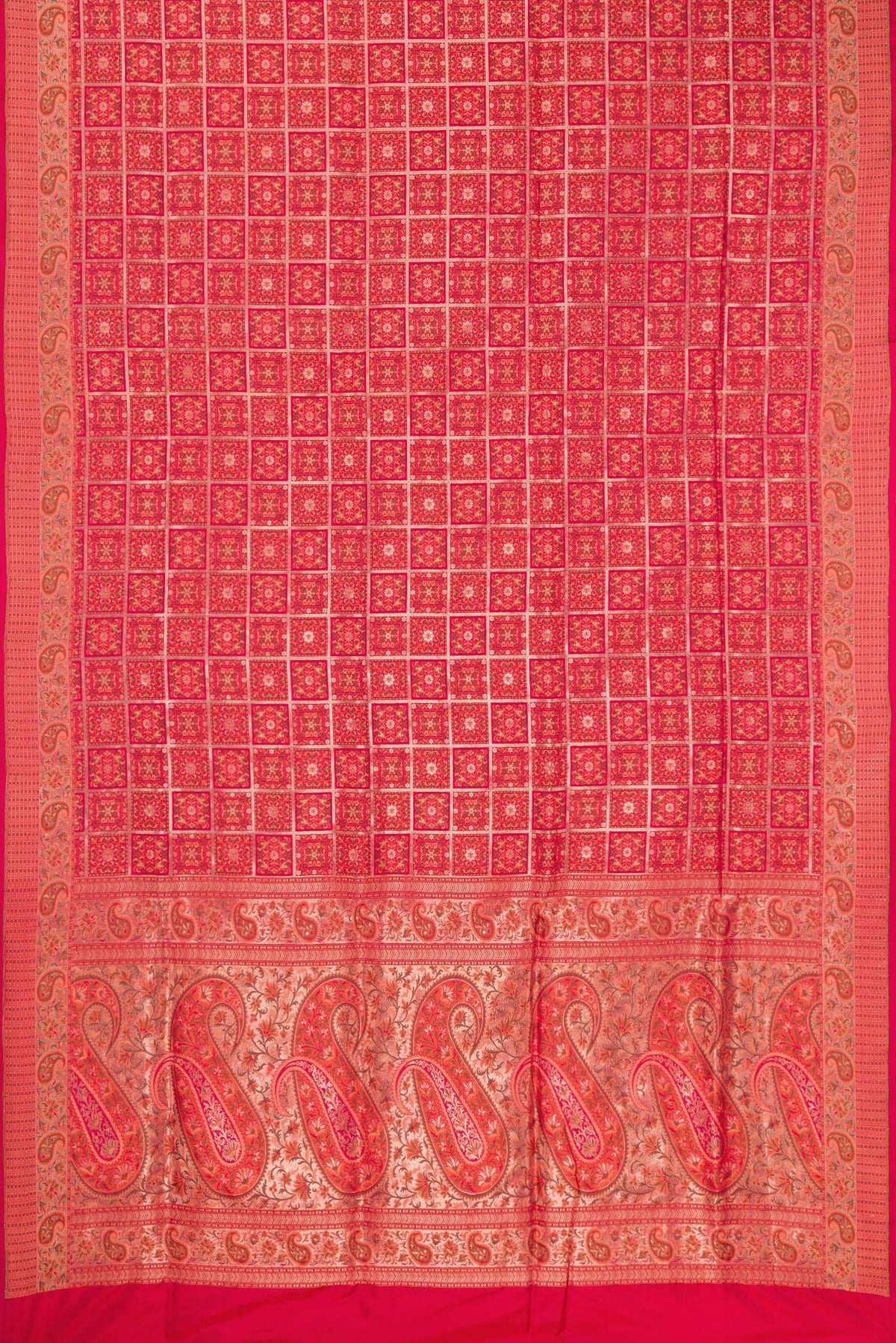 Flat view of Pure Silk Red Banarasi Jamavar Saree with Jacquard design on the body and Fancy Border. 