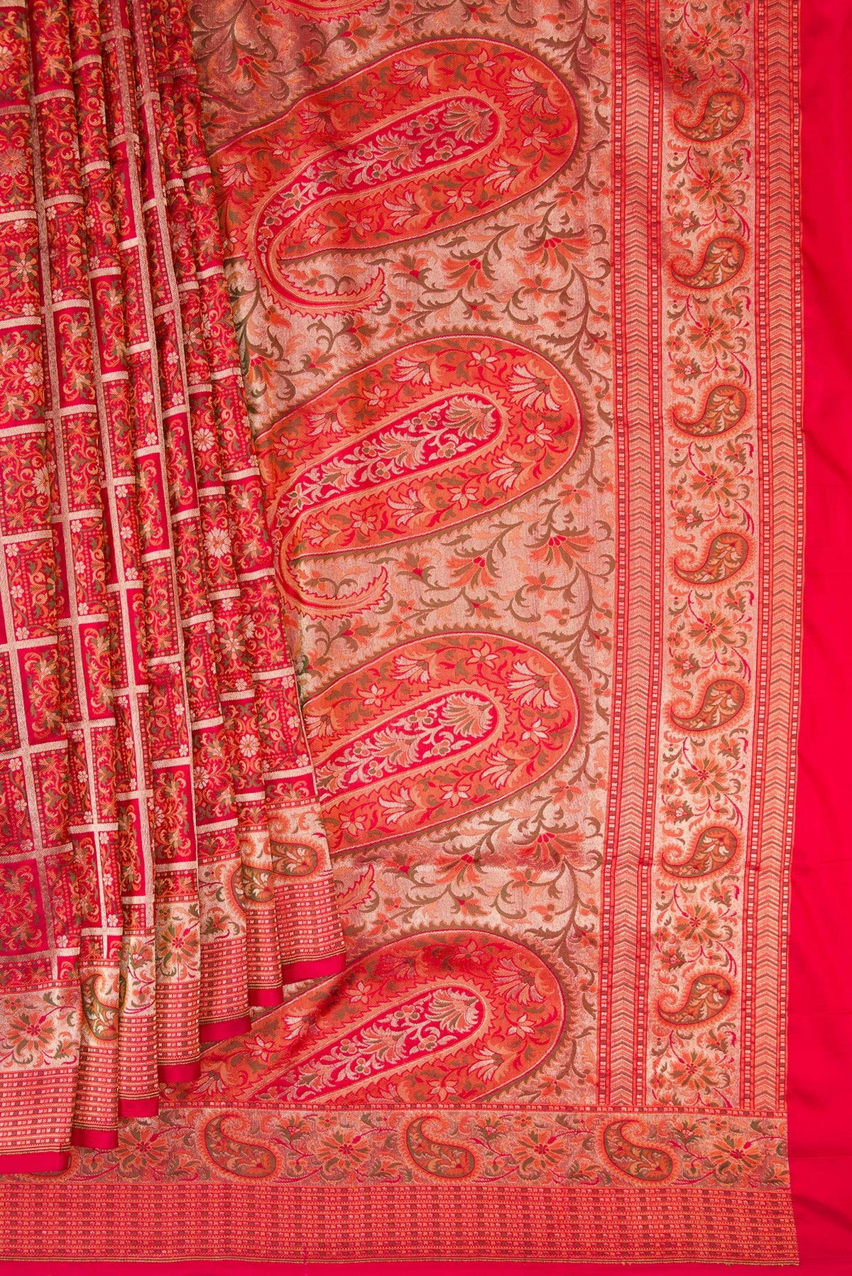Pleats and pallu of Pure Silk Red Banarasi Jamavar Saree with Jacquard design on the body and Fancy Border. 
