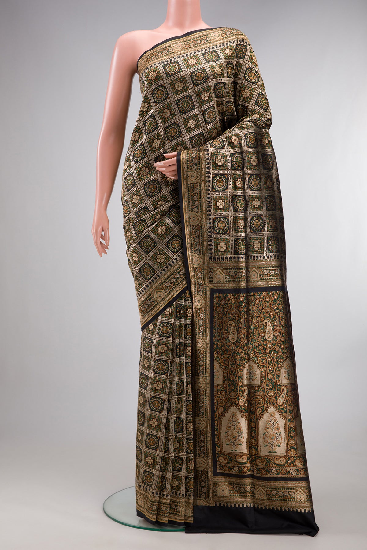 Pure Silk Black Banarasi Jamavar Saree with Zari Brocade on the body and Fancy Border.  displayed on a mannequin