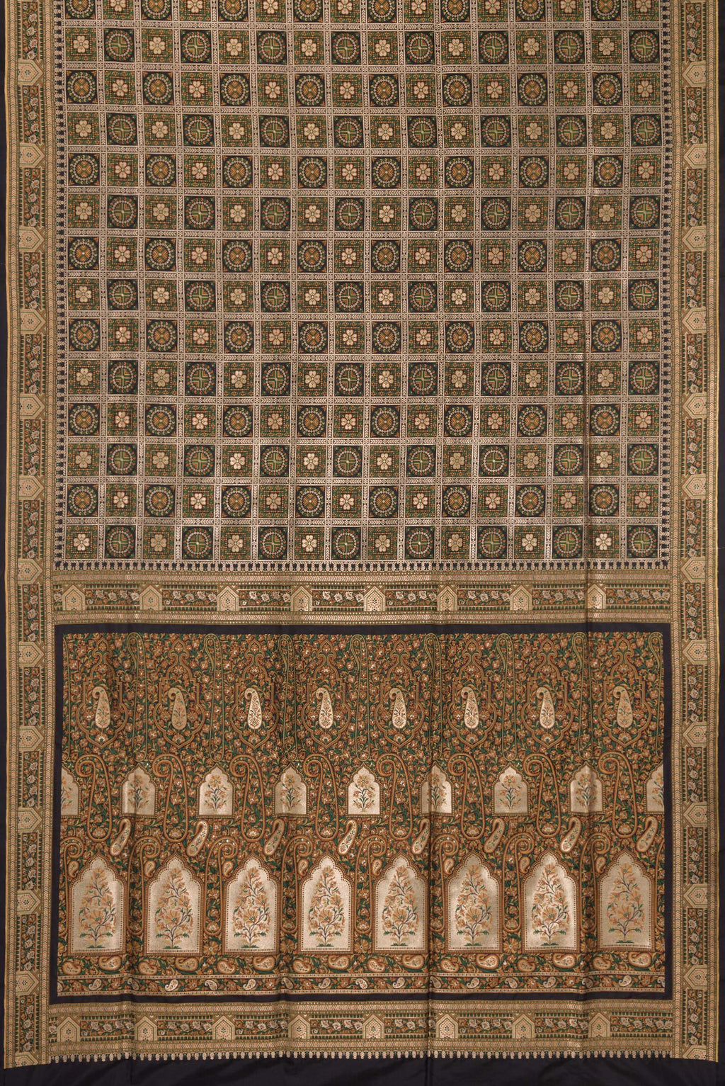 Flat view of Pure Silk Black Banarasi Jamavar Saree with Zari Brocade on the body and Fancy Border. 