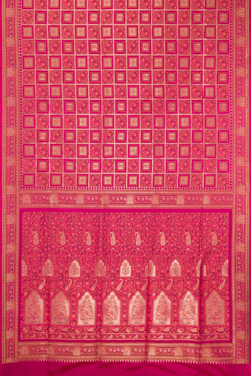 Flat view of Pure Silk Dark Pink Banarasi Jamavar Saree with Zari Brocade on the body and Fancy Border. 