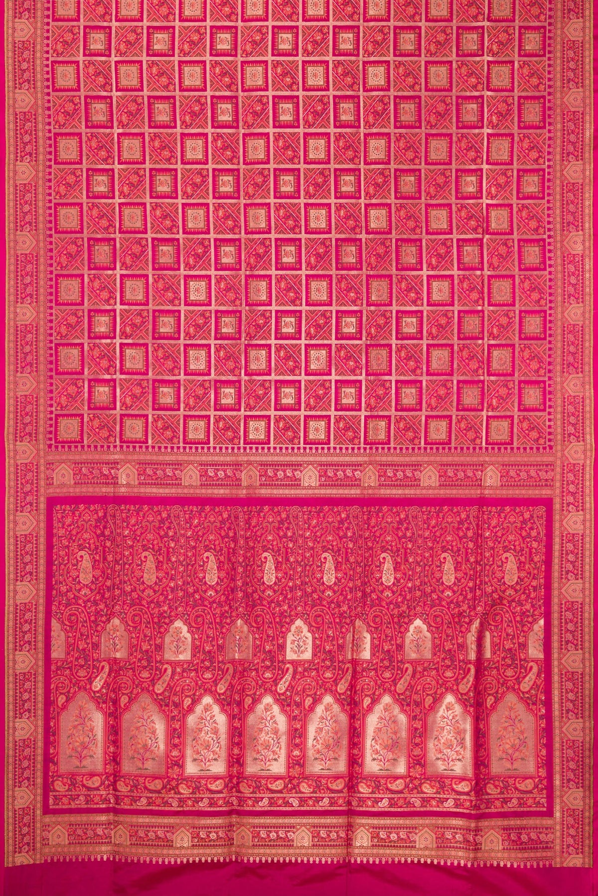 Flat view of Pure Silk Dark Pink Banarasi Jamavar Saree with Zari Brocade on the body and Fancy Border. 