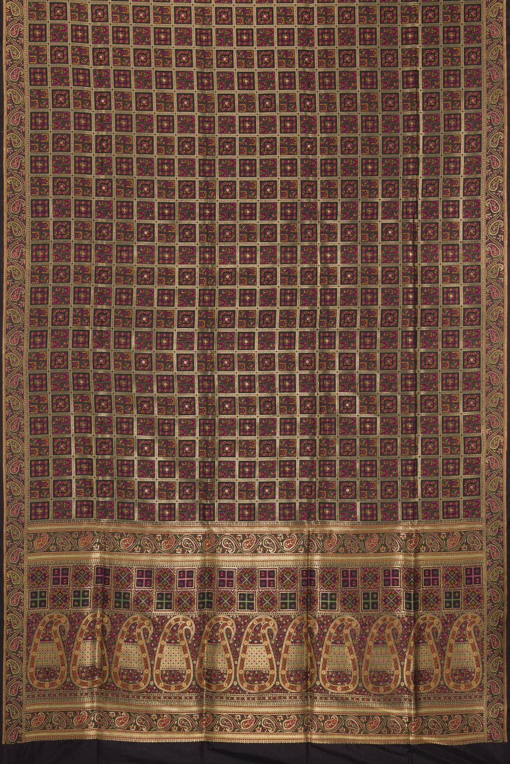 Flat view of Pure Silk Black Banarasi Jamavar Saree with Zari Brocade on the body and Fancy Border. 