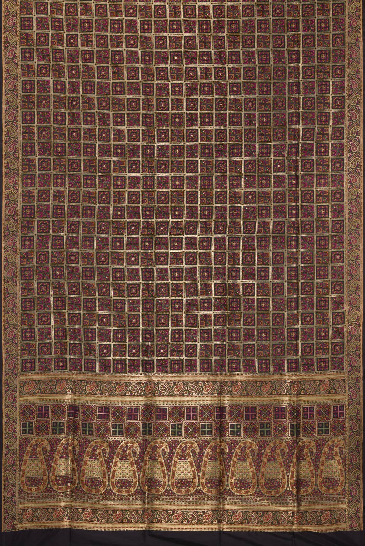 Flat view of Pure Silk Black Banarasi Jamavar Saree with Zari Brocade on the body and Fancy Border. 
