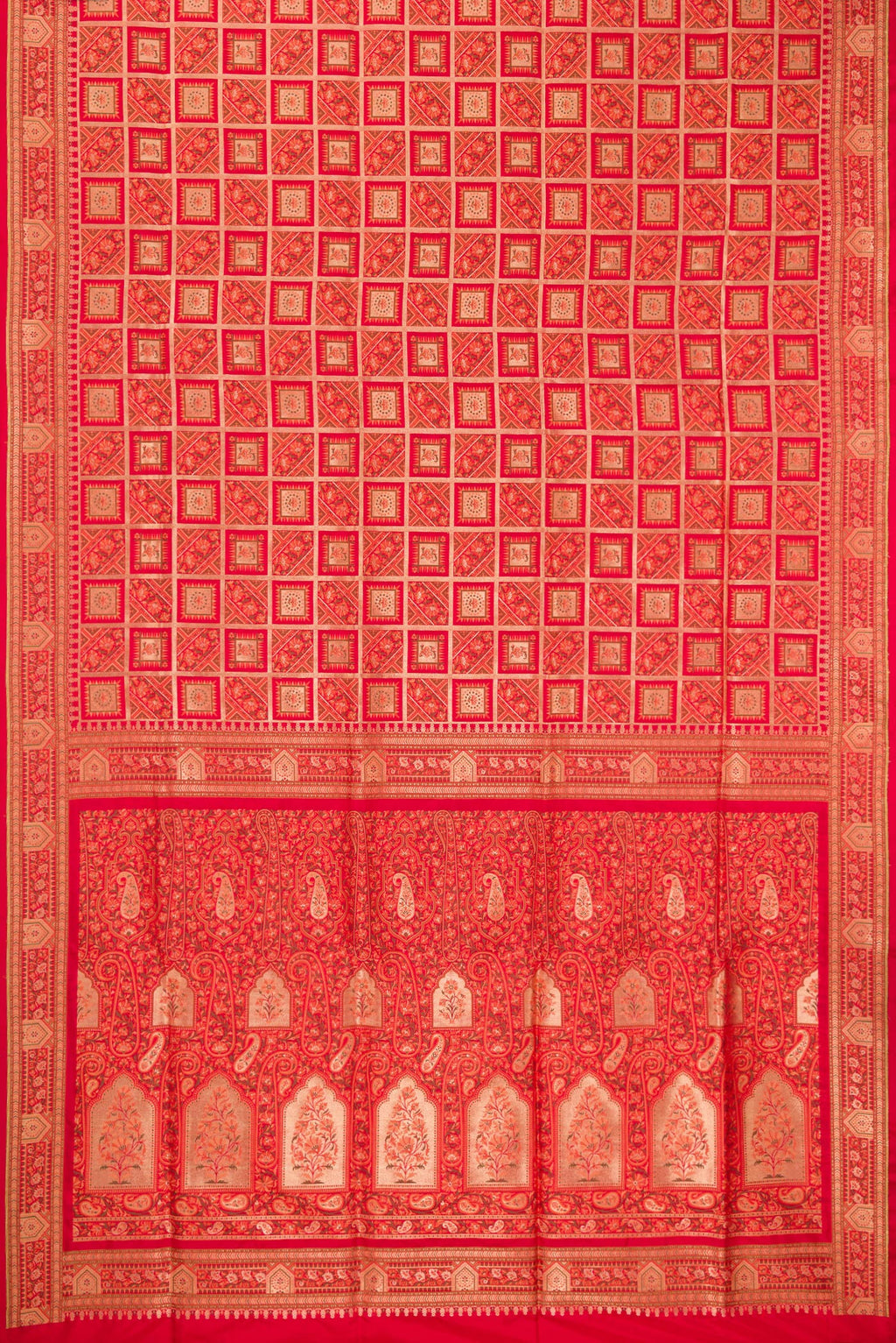 Flat view of Pure Silk Red Banarasi Jamavar Saree with Zari Brocade on the body and Zari And Thread Border. 