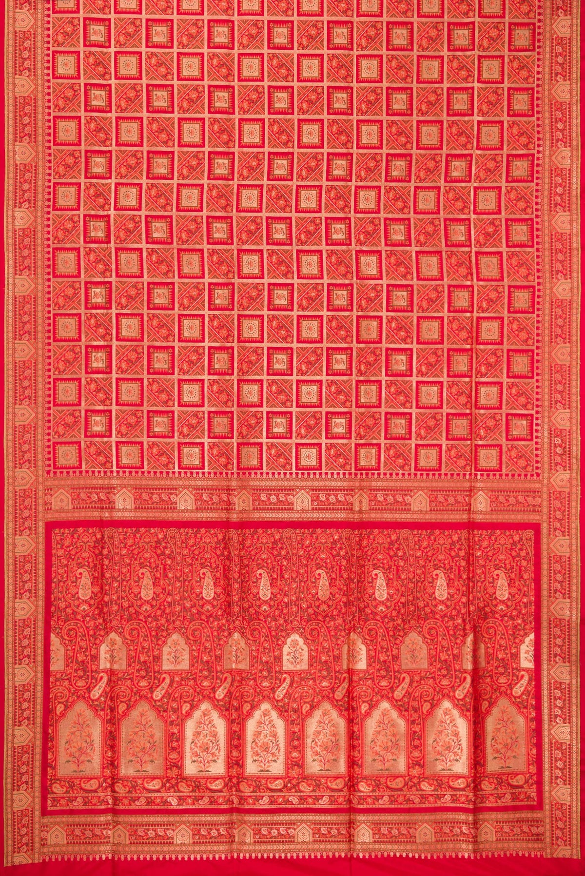 Flat view of Pure Silk Red Banarasi Jamavar Saree with Zari Brocade on the body and Zari And Thread Border. 