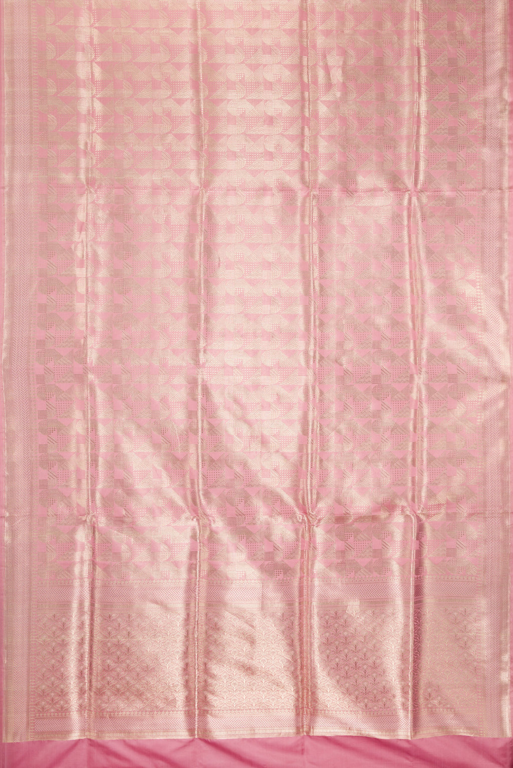 Flat view of Pure Silk Rose Gold Dual Tone Banarasi Saree with Zari Brocade on the body and Fancy Border. 