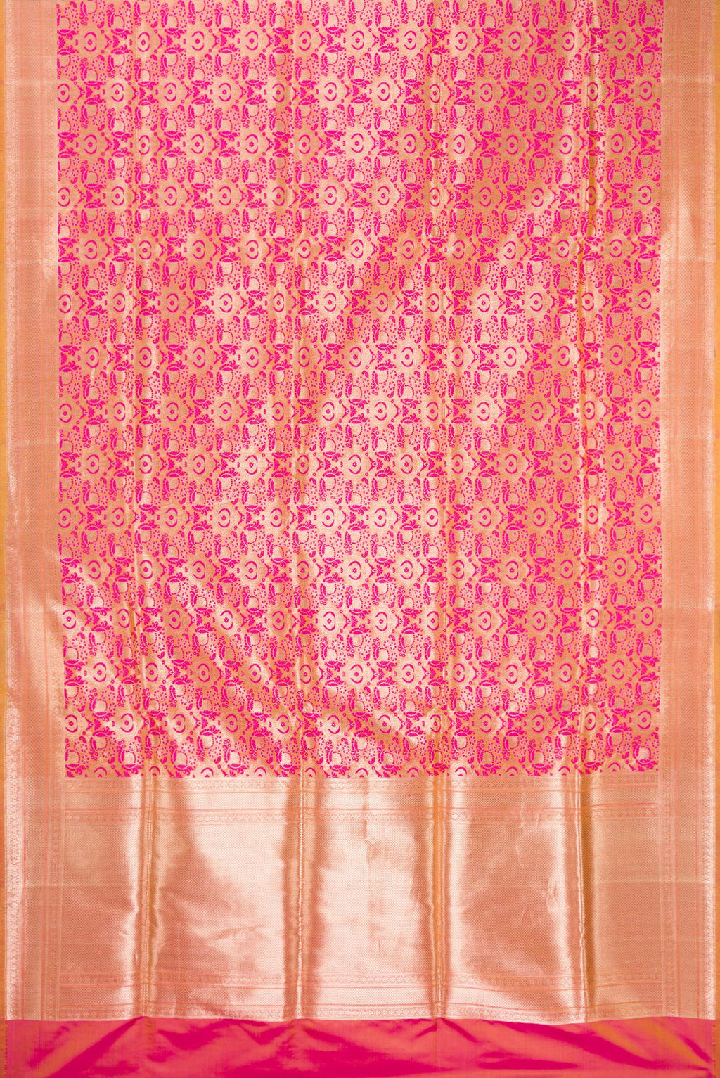 Flat view of Pure Silk Pink Dual Tone Banarasi Saree with Jacquard design on the body and Zari Border. 