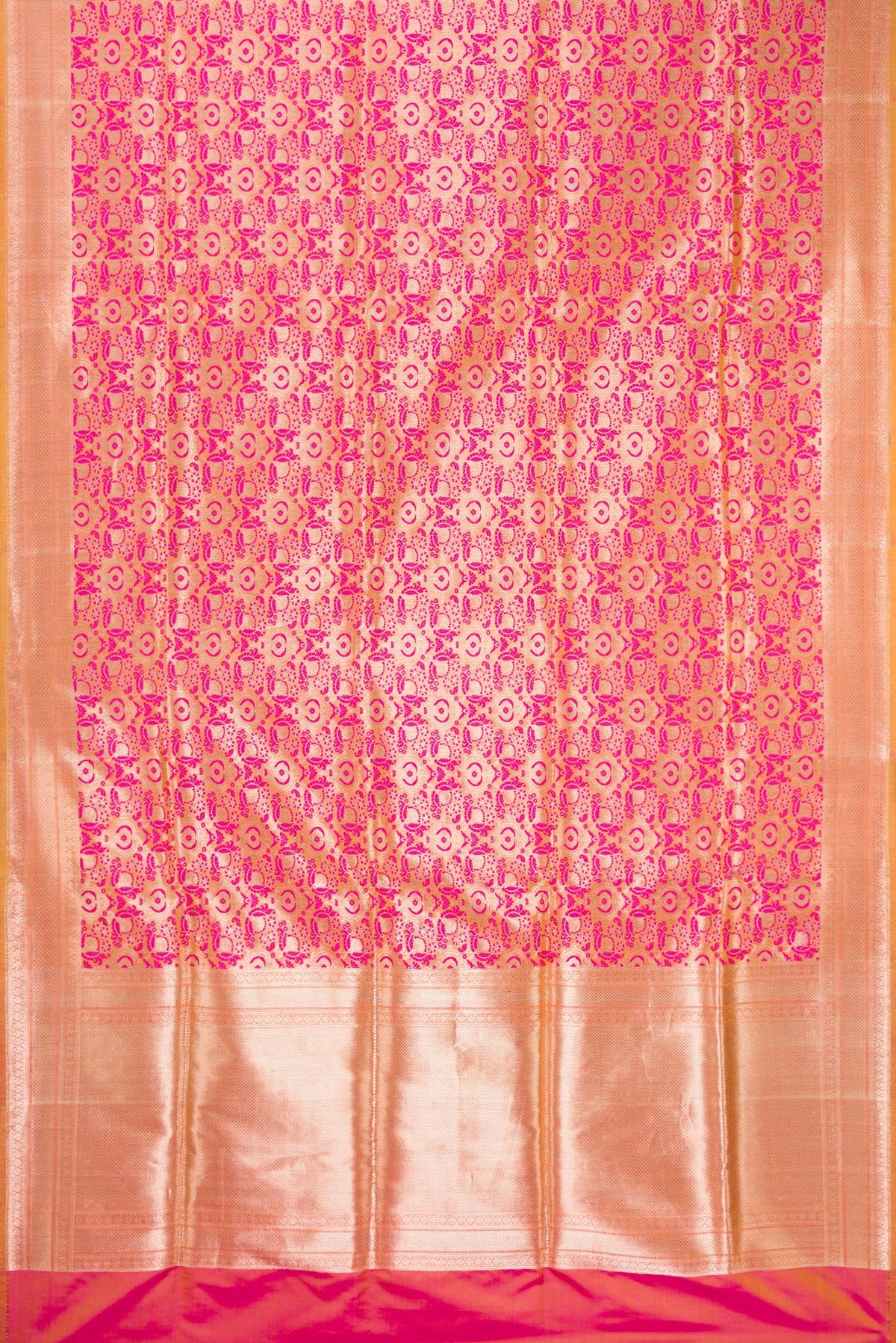 Flat view of Pure Silk Pink Dual Tone Banarasi Saree with Jacquard design on the body and Zari Border. 