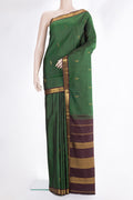 Pure Silk Green Kanchipuram Saree with Zari Butta on the body and Zari Border.  displayed on a mannequin