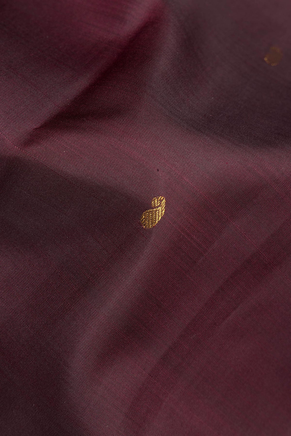 Close up of Pure Silk Brown Kanchipuram Saree with Zari Butta on the body and Zari Border.  displaying folds