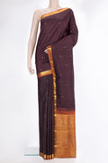 Pure Silk Brown Kanchipuram Saree with Zari Butta on the body and Zari Border.  displayed on a mannequin